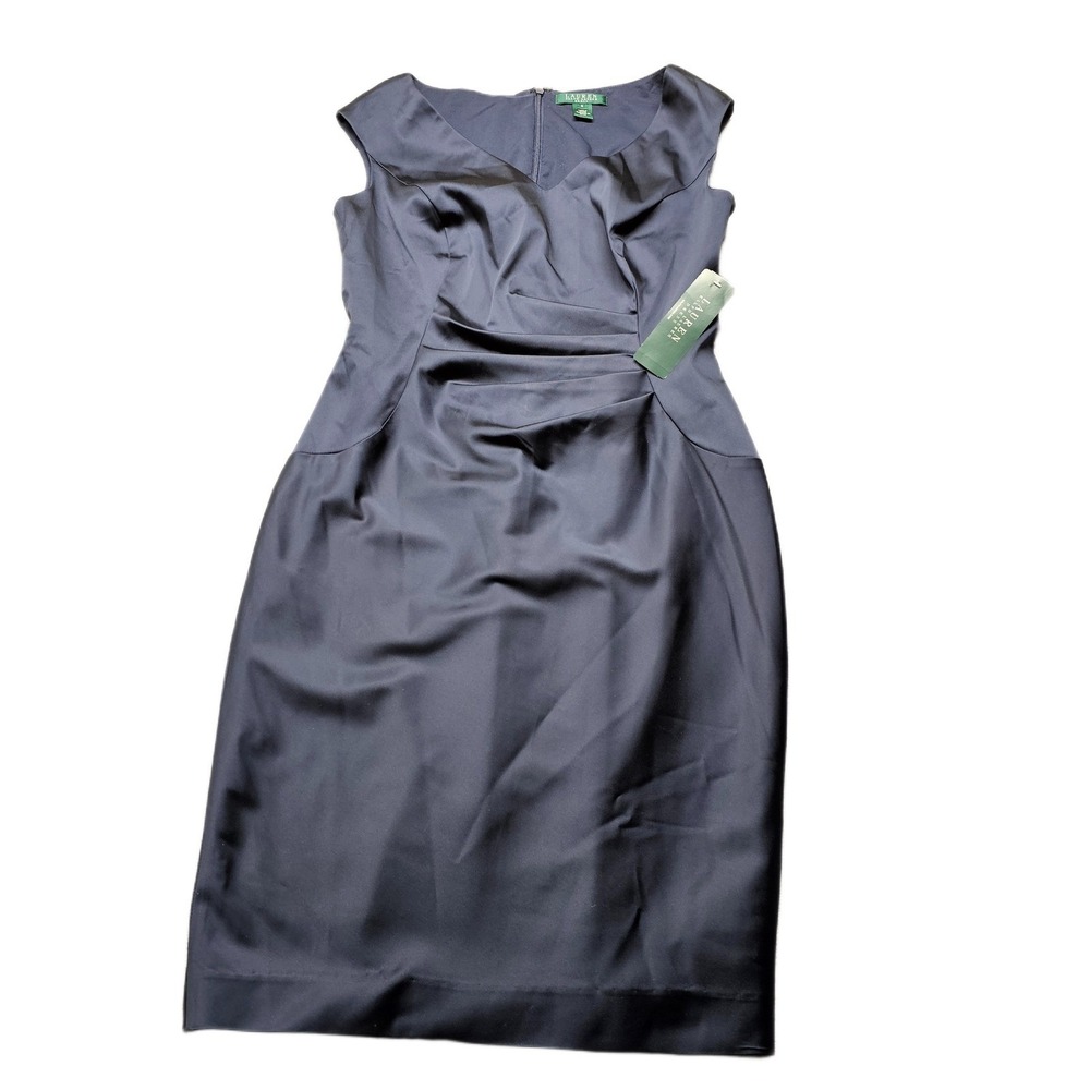 Lauren Ralph Lauren Sheath Cocktail Dress Womens 8 Navy Ruched V-Neck Back Zip